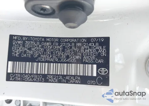 2020 Toyota Corolla Le из США, поврежденный, VIN JTDEPRAE9LJ064505